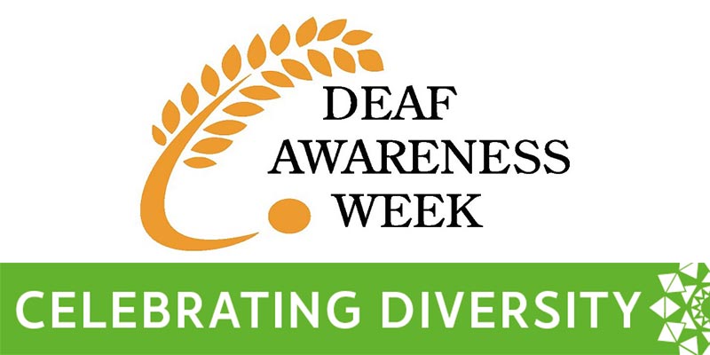 The Deaf awareness week logo, and a green banner reading Celebrating Diversity.