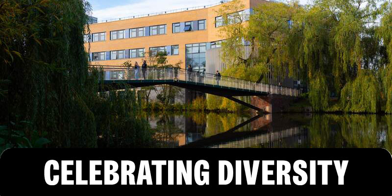 Campus view. Banner reads 'Celebrating Diversity'.