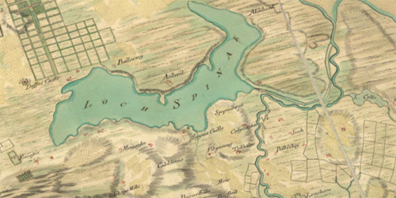 Section of the Roy Military Survey of Scotland (1747–1755) depicting Loch Spynie prior to the main successful efforts to drain it which began in the late 18th century. Reproduced CC by the British Library Board.