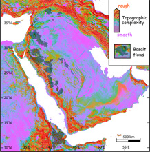 Map of the Arabian Peninsula and adjacent regions showing roughness and basalt lavas