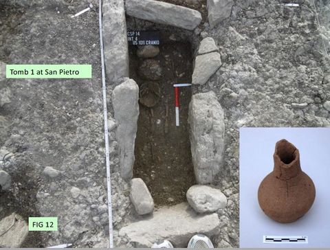 FIG 12: Casale San Pietro: excavations in the fields beside the road reveal two children’s tombs of the 6/7th century. This example included a pottery bottle with incised cross. 
