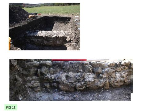 FIG 13: Casale San Pietro. The fields around the church were severely disturbed by ploughing, truncating the stone buildings. This wall of a Byzantine (6/7th century) building was reduced to its foundations.