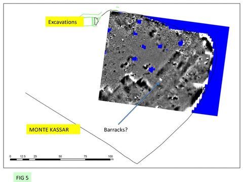 FIG 5: Monte Kassar: Geophysical survey by Helen Goodchild, University of York, showing possible barrack blocks
