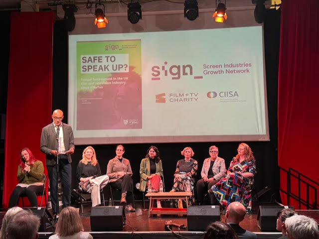 Marcus Ryder (CEO) of the F&TVC doing an intro and the panel is: Head of Bectu Philippa Childs, Film and TV Charity’s Lucy Tallon, interim chief of CIISA Jen Smith, Rights of Women’s Deeba Syed and Anna Bull. Chair was Heather Fallon.