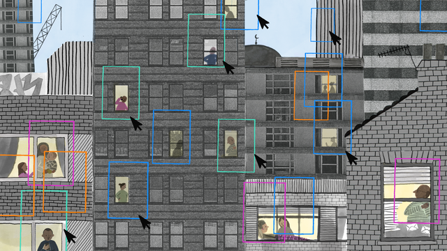 An illustration of tower blocks with people in windows and smaller colourful boxes illustrating AI identification and privacy