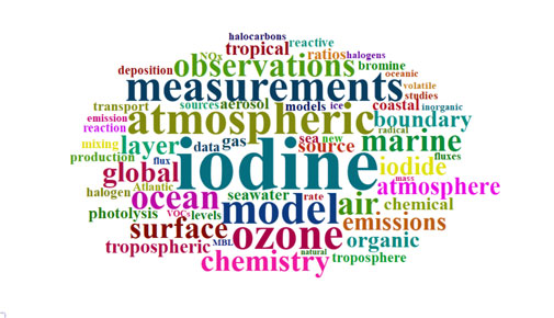Word cloud reads from largest text to smallest: Iodine, atmospheric,model, global, measurements, observations, ocean, ozone, chemistry, surface, emissions, air, atmosphere, marine, layer.