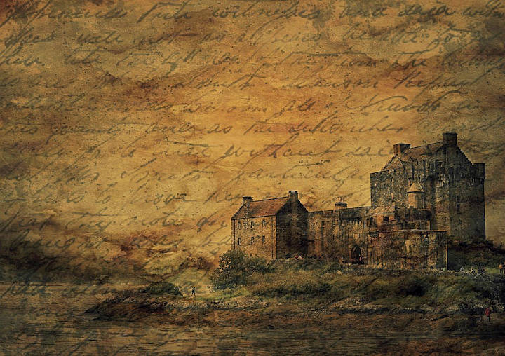 Composite image of old handwritten text and a landscape with a shoreline and old buildings