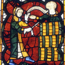 Money transaction with barrels, stained glass panel, 14th-century, York Minster Nave