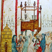 Detail from an image of a Jewish cantor reading the Passover story in al-Andalus, from a 14th century Spanish Haggadah