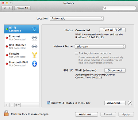 Select Advanced in the network window