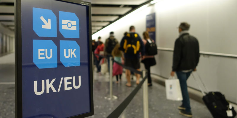 Airport sign for passport control for UK and EU passports.