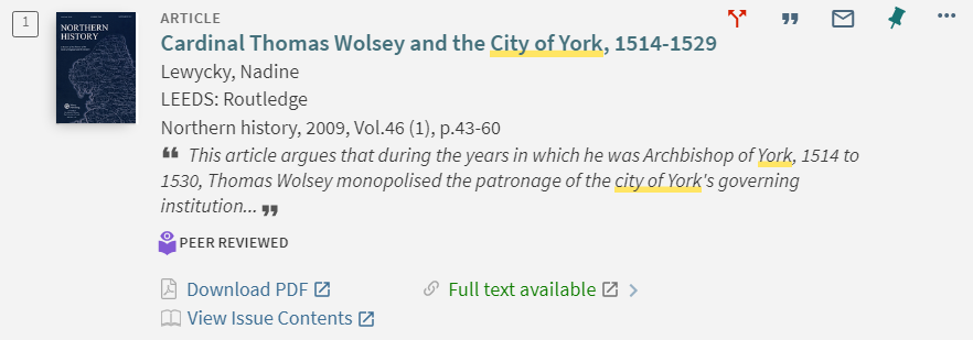 Article: Cardinal Thomas Wolsey and the City of York 1514-1529. Lewycky, Nadine. LEEDS: Routledge. Norther history, 2009, Vol.46 (1), p.43-60. 