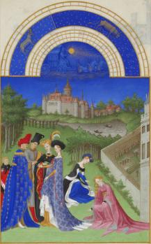 Très Riches Heures, April (Limburg Brothers 1412-1416), showing a late medieval representation of a  designed landscape