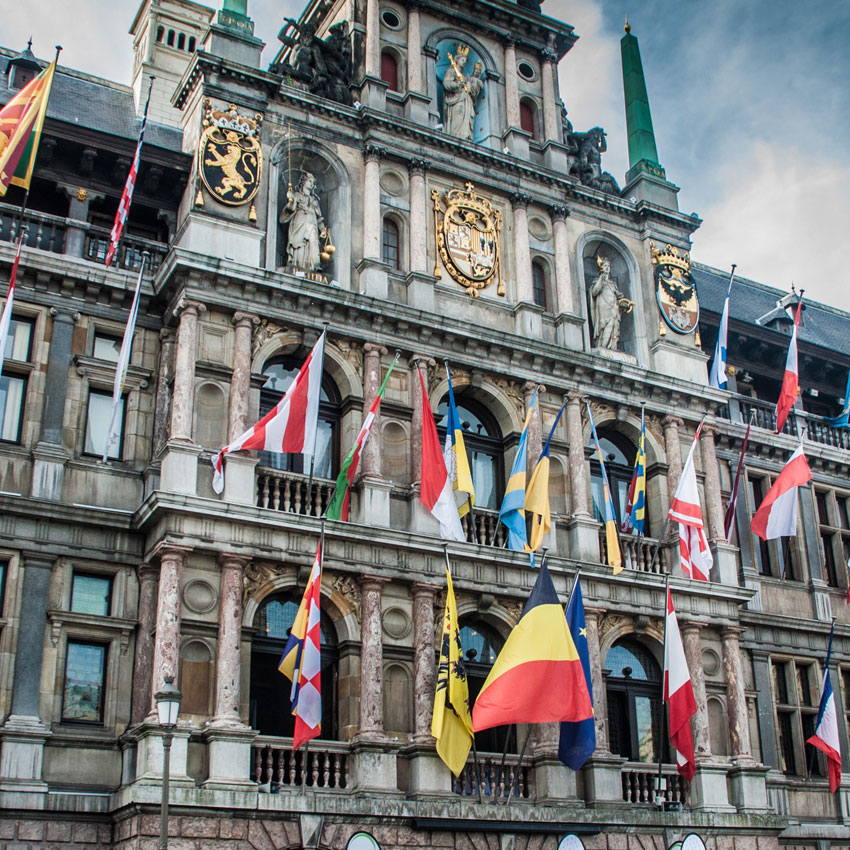 European flags on a town hall in Belgium