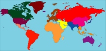 World map with semi-political coloured regions