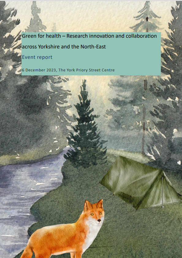 Green for Health Event Report, image shows a wood and river with a fox and a tent on the banks