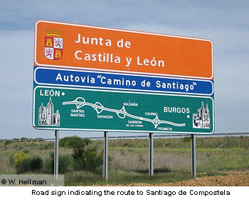 Road sign indicating the route to Santiago de Compostela
