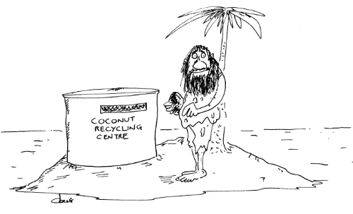Cartoon of a castaway on a desert island recycling his coconuts.