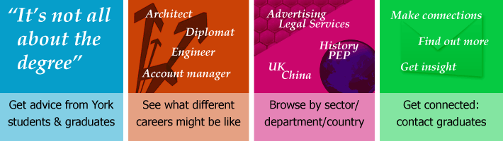 Graduate Profiles: Get advice from York students and graduates; See what different careers might be like; Browse by sector/department/country; Get connected: contact graduates