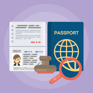 cartoon image of passport with magnifying glass and stamp