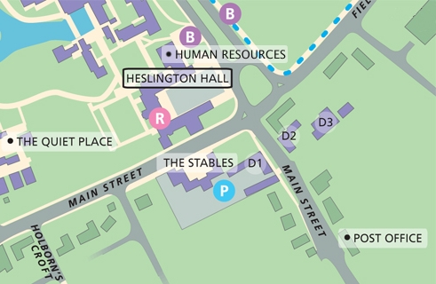 Map of campus showing location of Human Resources in Heslington Hall