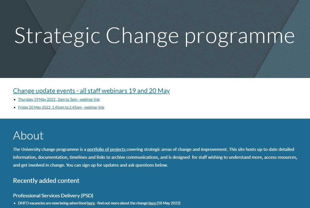 A screenshot of the Change Programme website