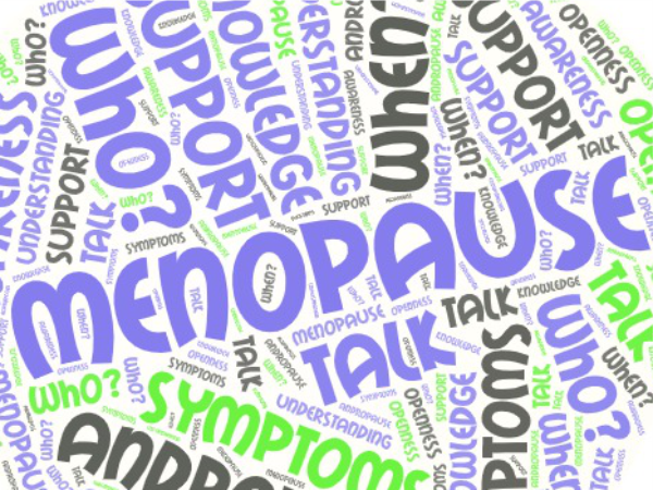 word cloud of menopause related terms: who, support, talk, andropause