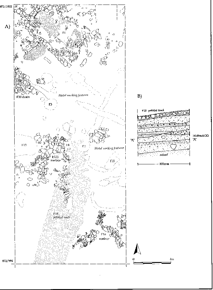 Figure 5: A) Excavations in the Glebe Field, INT 14 B) Section through the pit wall of F2 to show strata remaining in INT 14