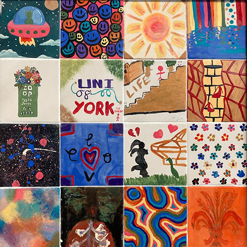 Image: Each tile was painted by students who represented their experience as part of the Estranged Students' Solidarity Week.