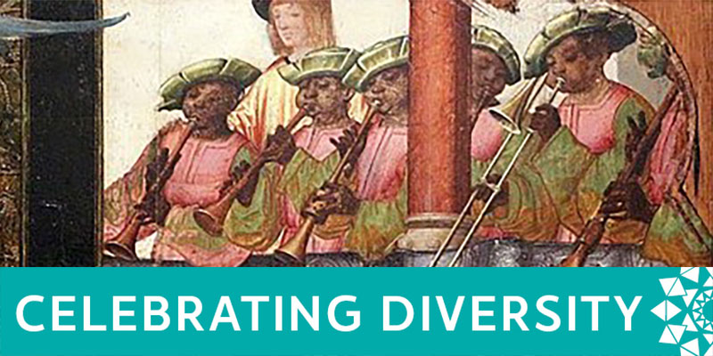 A group of African musicians at the Portuguese court in a panel from the Saint Auta Altarpiece, 1522 