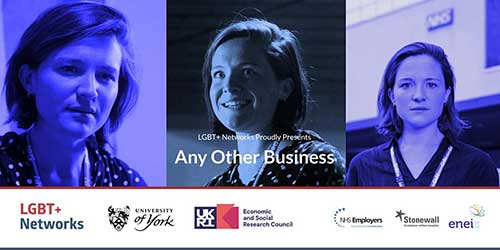 Montage of stills from the film Any Other Business, with logos of the University of York, LGBT+ Networks, ESRC, NHS Employers, Stonewall, and ENEI. Text reads LGBT+ Networks proudly presents Any Other Business.