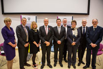The Chancellor, Vice-Chancellor and Research Champions. Left-to-right: Karen Bloor, Thomas Krauss, Kate Pickett, Chancellor Sir Malcolm Grant, Vice-Chancellor Koen Lamberts, Mark Jenner, Sue Hartley, Damian Murphy, John McDermid