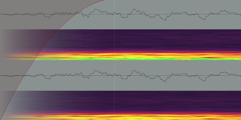 A magnified image of a colourised soundwave from recorded birdsong as presented on Reaper (v.7) alongside the sound frequency wave.