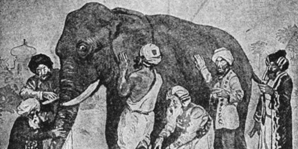 Black and white sketch of blind men and an elephant