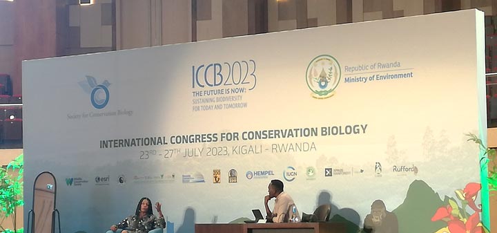 ICCB 2023 Plenary talk on 25th July by Dr. Tuyeni Mwampamba and Nkusi Arthur. Image courtesy of Tabitha Kabora.