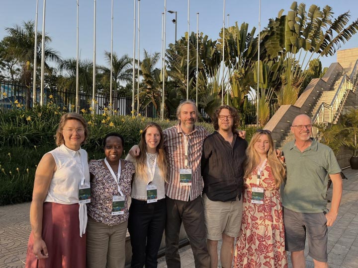 LCAB team at the ICCB 2023 conference, Kigali Convention Centre, Rwanda. Left to Right: Hanna Petterson, Tabitha Kabora, Louisa Mamalis, Christopher Lyon, Jonathan Crane, Molly Brown and Chris Thomas. Image courtesy of Christopher Lyon.