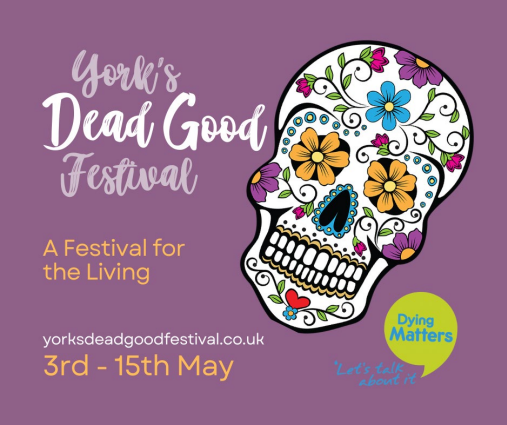 Flyer advertising York's Dead Good Festival, purple background with a decorated skull