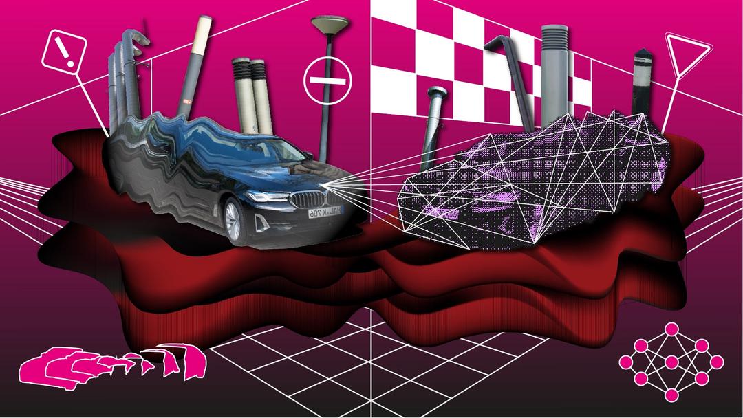 An illustration in intense colors in a gloomy mood showing a collage of two mirrored cars, street signs and mathematical symbols