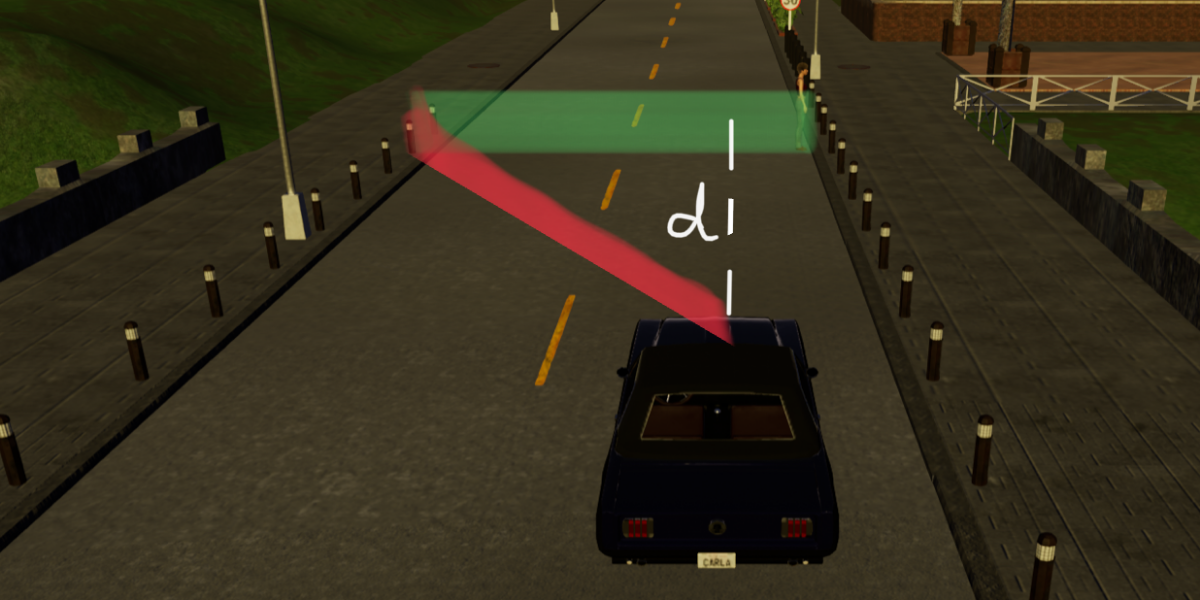 An illustration of the project's approach based on a simulation run in CARLA. Green path indicates a safe path for the human to cross the street from left to right. Red path indicates a kamikaze path corresponding to the green safe path. The distance between multiple such paths are used to measure how safe the car system is.