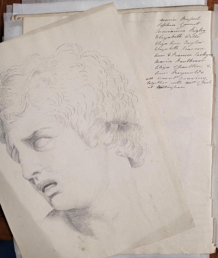 Ann Reynolds' practice sketches and a list of her classmates from drawing class at Nottingham