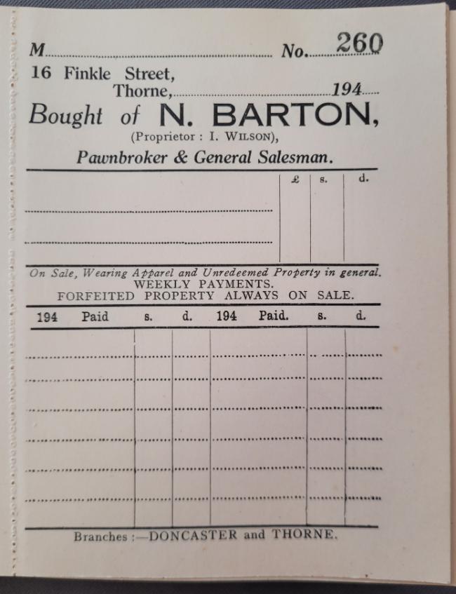 Ticket issued by Newman Barton in return for pawned items.
