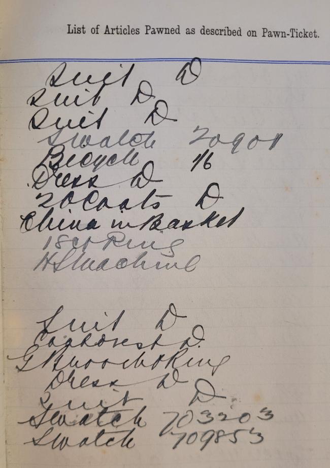 A page of items pawned by customers of Newman Barton, including a bicycle and a sewing machine.