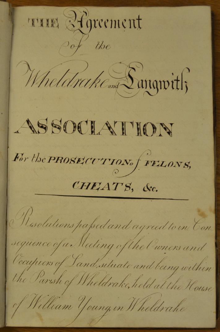 Minute book of the Wheldrake and Langwith Assocation for the Prosecution of Felons, Cheats etc, 1816