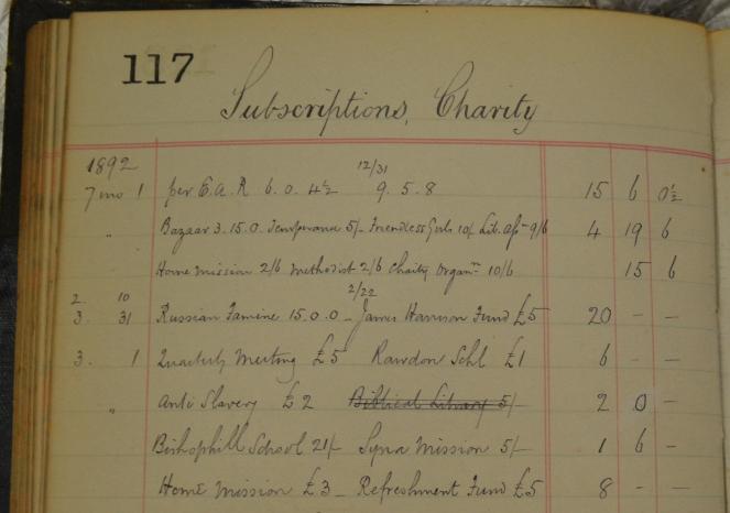 Extract from Joseph Rowntree's household ledger showing some of his charitable subscriptions for 1892, including money to aid the victims of the Russian Famine and anti slavery work