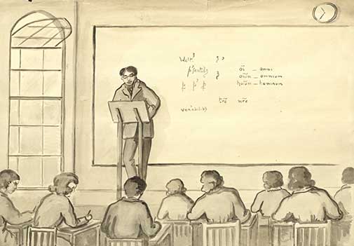 Canon Purvis the artist: his sketch of the distinguished palaeographer L.C. Hector lecturing at a York archive summer school, c.1950