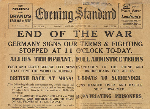 Front page of the Evening Standard 11 November 1918, announcing the end of the First World War.