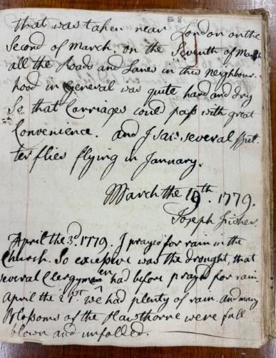 A handwritten page from 1700s, describing a drought in Drax