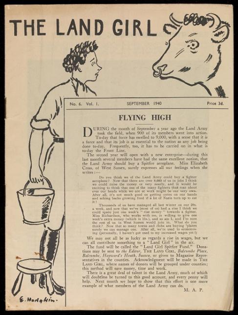 The front cover of the the Land Girl magazine from Septermber 1940, including a pen and ink sketch of a land girl on the left, holding a bucket, facing a cow on the right.
