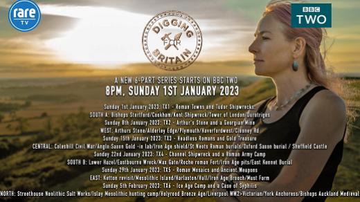 Promotional image for BBC programme Digging for Britain including a profile shot of Professor Alice Roberts and a listing for each episode of the series