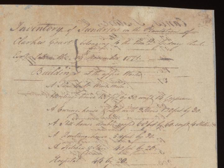 Handwritten document, on thin paper causing the writing on the other side of the page to bleed through. The document is handwritten in brown ink, and includes a list of buildings on the estate.